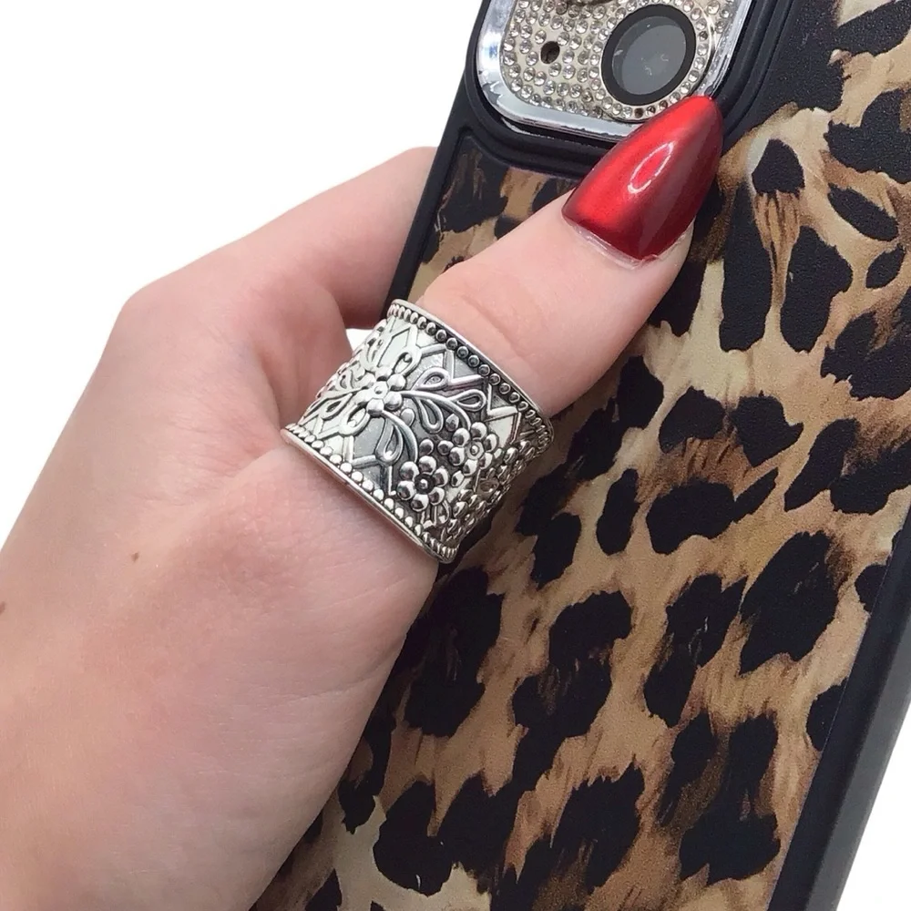 Silver- Tone Floral Wide Band Thumb Ring Adjustable Boho Vintage Style Statement - Picture 1 of 11